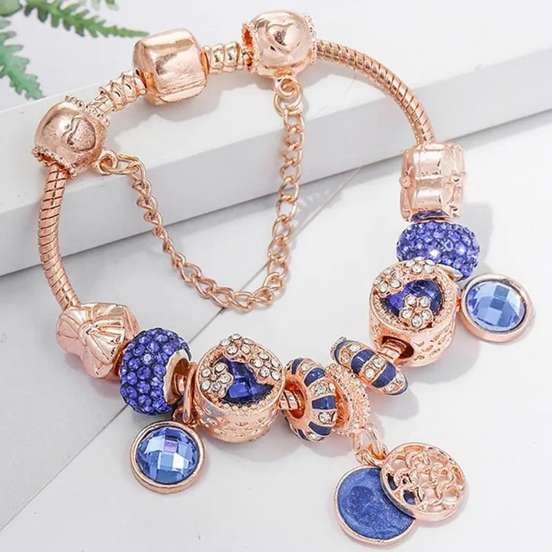 Pulsera de Oro Rosa y Cristal Azul