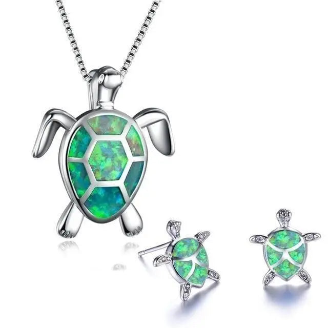 Conjunto completo de collar y pendientes con tortuga marina en ópalo y plata