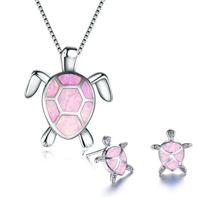 Conjunto completo de collar y pendientes con tortuga marina en ópalo y plata