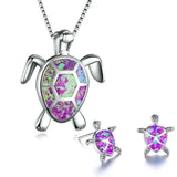 Conjunto completo de collar y pendientes con tortuga marina en ópalo y plata