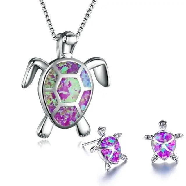 Conjunto completo de collar y pendientes con tortuga marina en ópalo y plata