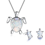 Conjunto completo de collar y pendientes con tortuga marina en ópalo y plata