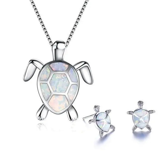 Conjunto completo de collar y pendientes con tortuga marina en ópalo y plata