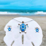 Conjunto completo de collar y pendientes con tortuga marina en ópalo y plata