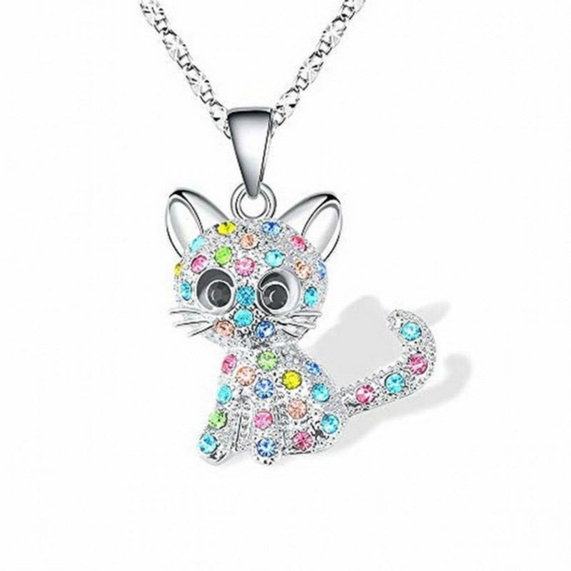 Collar plateado con gatitos y zirconias de colores